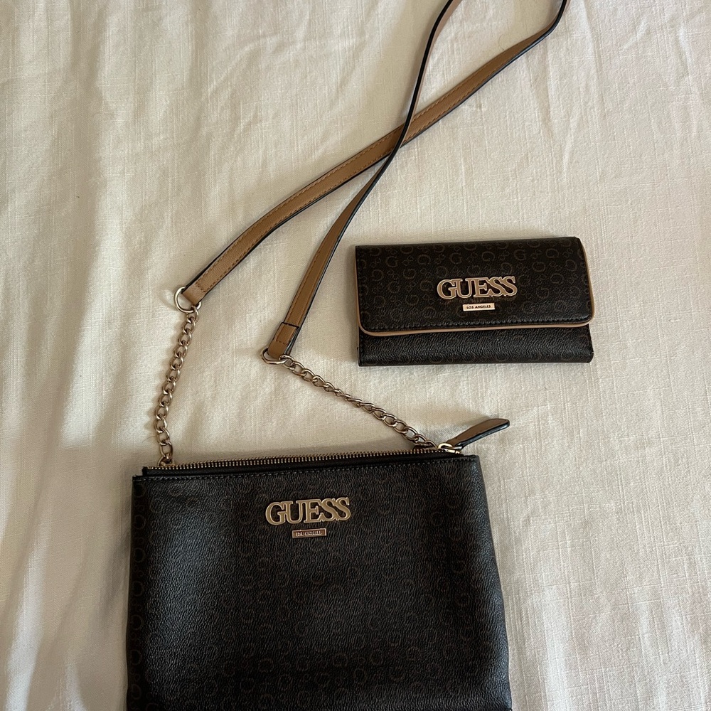 GUESS Black and Tan Crossbody Bag with Wallet